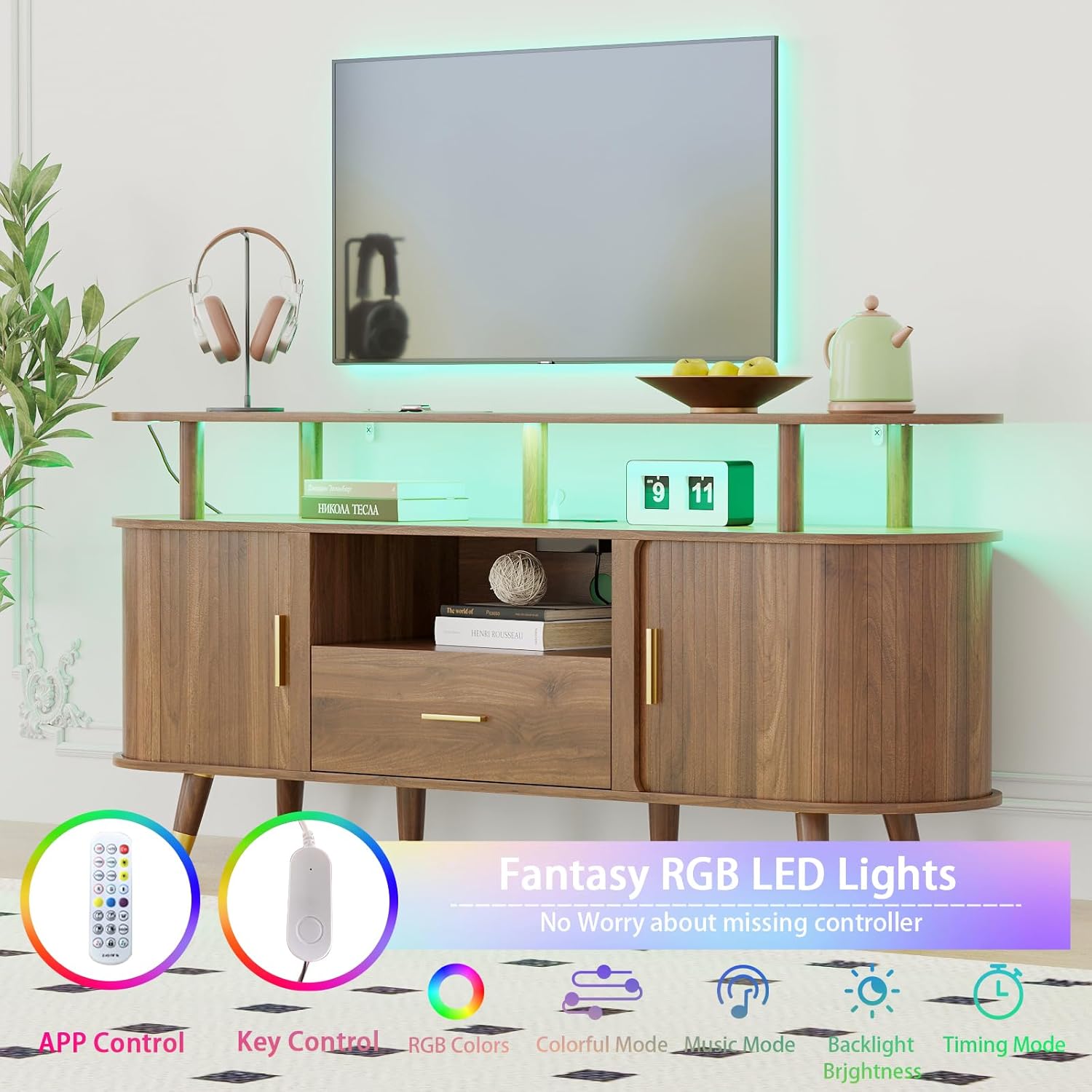 LED TV Stand and Coffee Table Set of 2, Lift Top Coffee Table with Storage, TV Console Table with Power Outlet Living Room Table Sets for Living Room, Bedroom, Home Office, Walnut