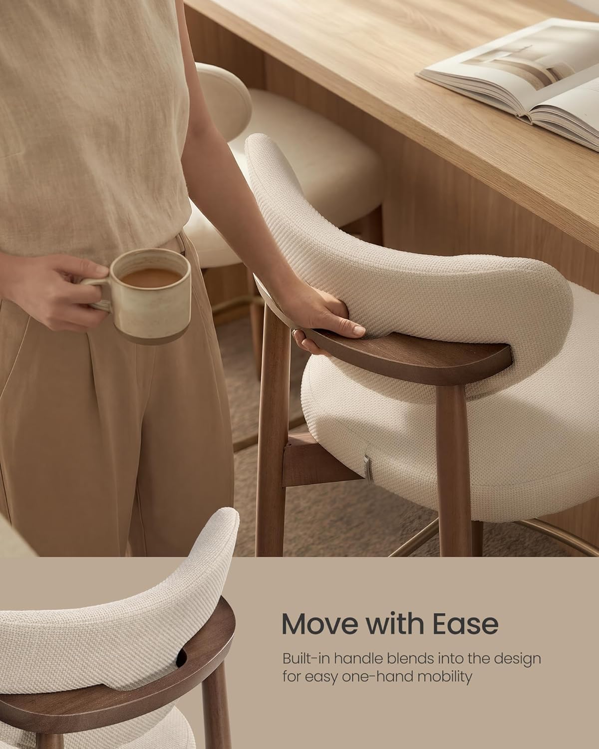 VASAGLE Wooden Bar Stools Set of 2, Linen-Look Fabric, Cappuccino Beige | Barstools with Solid Wood Legs, Ergonomic Backrest, Mid Century Modern, for Kitchen Island, Linen-Look Fabric