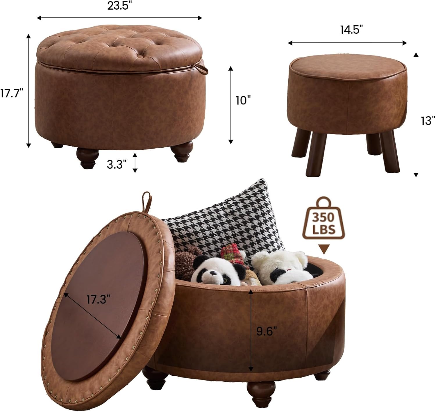 24Inch Round Storage Ottoman, Set of 2, Modern PU Leather Coffee Table with Removable Top, Upholstered Ottoman with Storage Footrest Stool for Living Room, Bedroom (Brown)