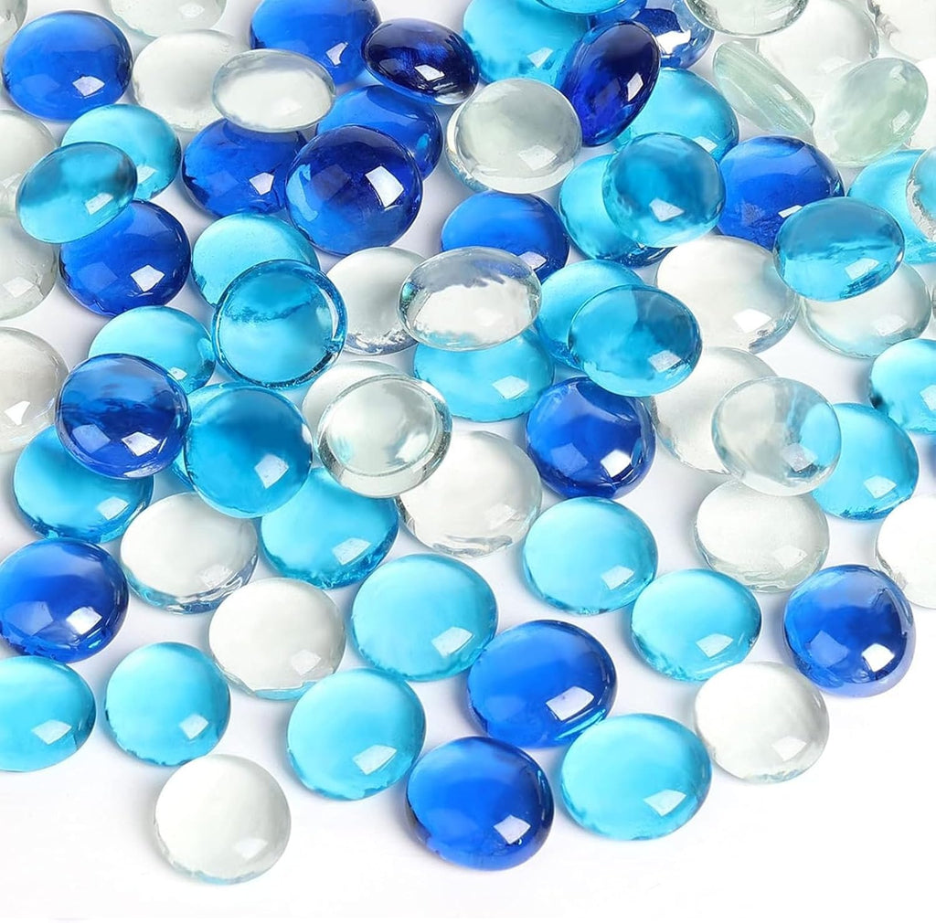 FUTUREPLUSX 1 pounds, Flat Glass Marbles, Blue Mixed Gemstone Vase Fillers Beads Decorative Glass Pebbles Floral Fish Tank Rocks for Vases Table Scatter Aquarium Decor