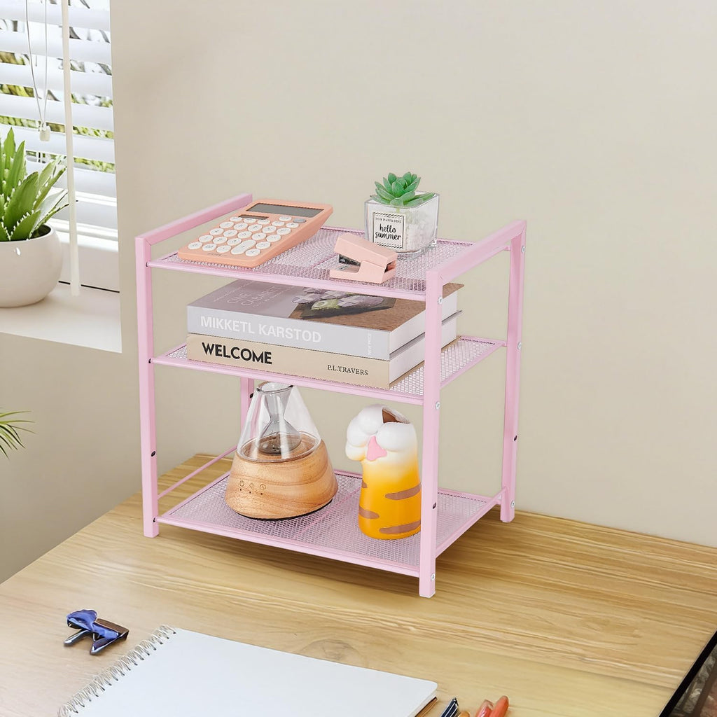 Desktop Shelf Organizer, 3-Tier Office Storage Rack, Adjustable Metal Bookshelf for Top of Desk, Pink Desk Organizer for Office, Home, Dorm and Small Spaces (Pink)
