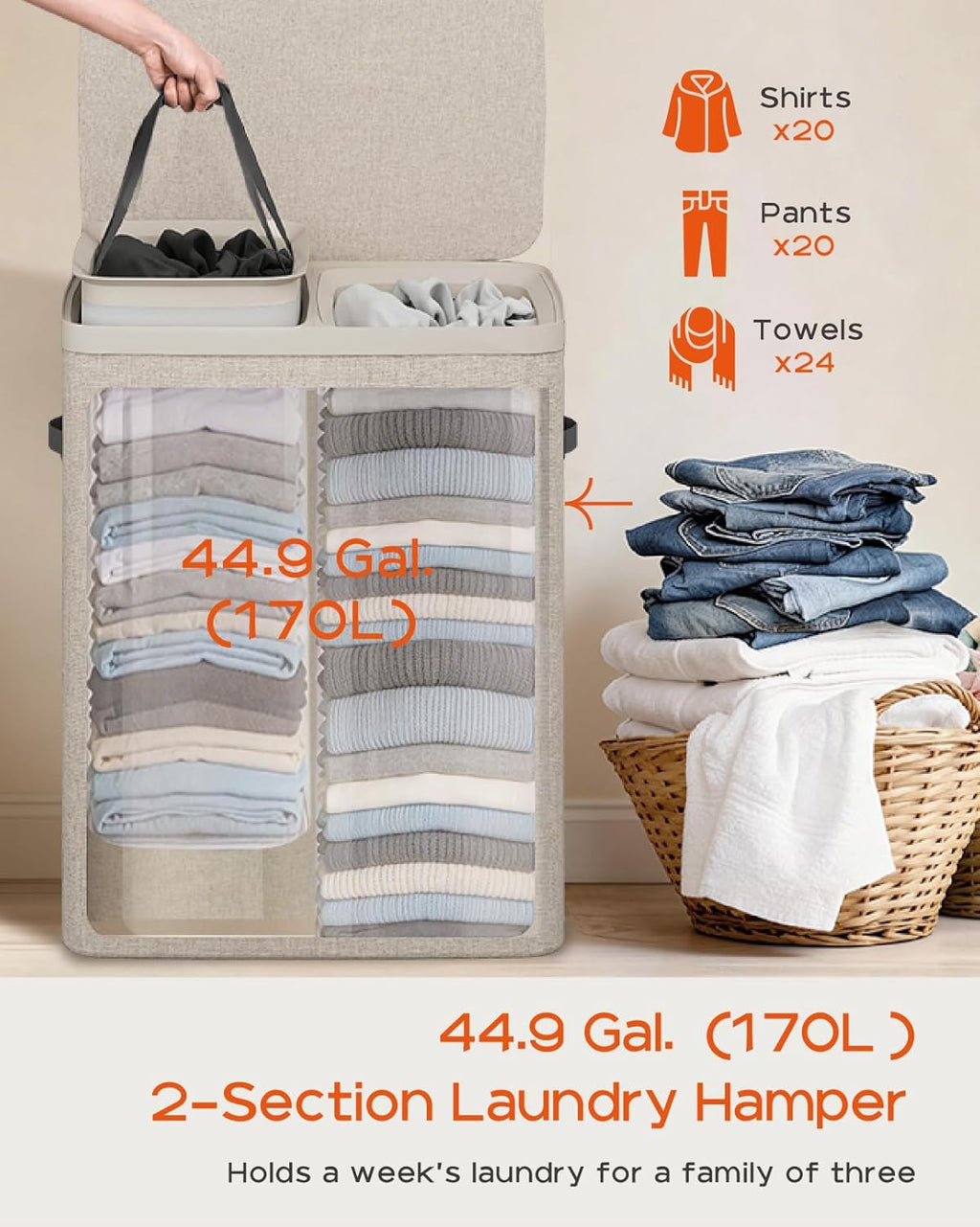 CASAMAYA Laundry Basket with Lid, Laundry Hamper 2 Section, 170L collapsible Laundry Organizer, Easy Assembly, with Handles and Removable Liners, 22 x 15.7 x 29.5 Inches, Beige JSP903M