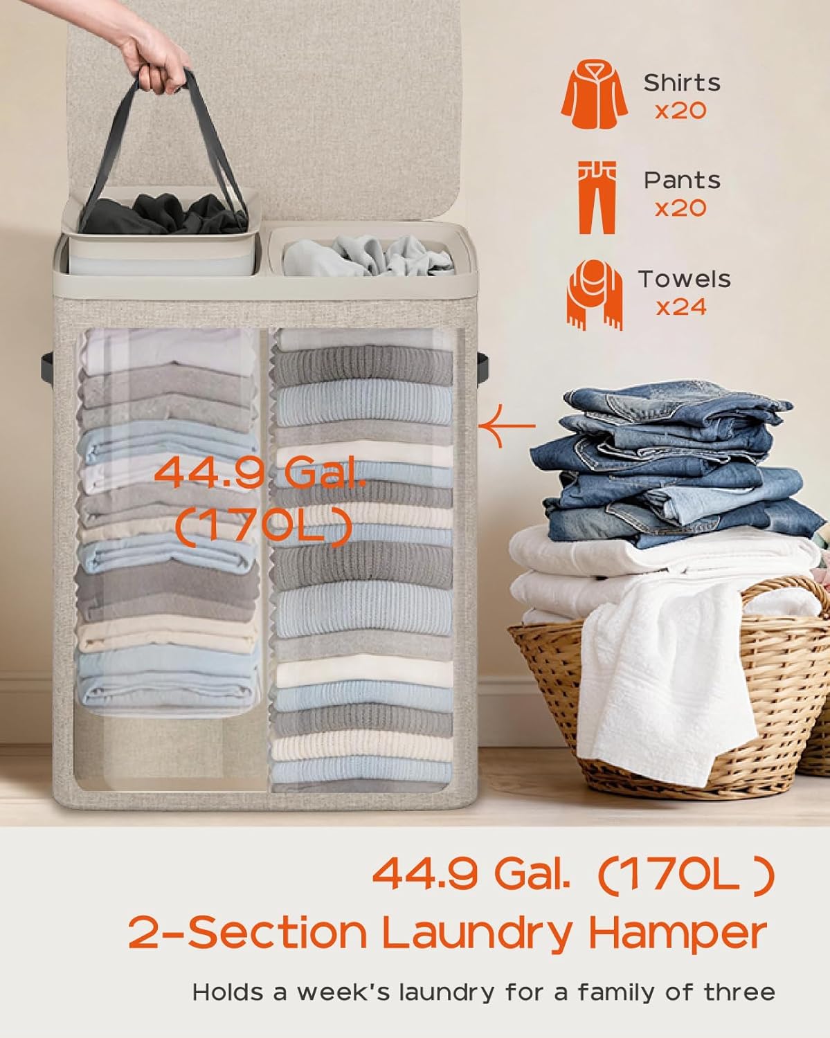 CASAMAYA Laundry Basket with Lid, Laundry Hamper 2 Section, 170L collapsible Laundry Organizer, Easy Assembly, with Handles and Removable Liners, 22 x 15.7 x 29.5 Inches, Beige JSP903M