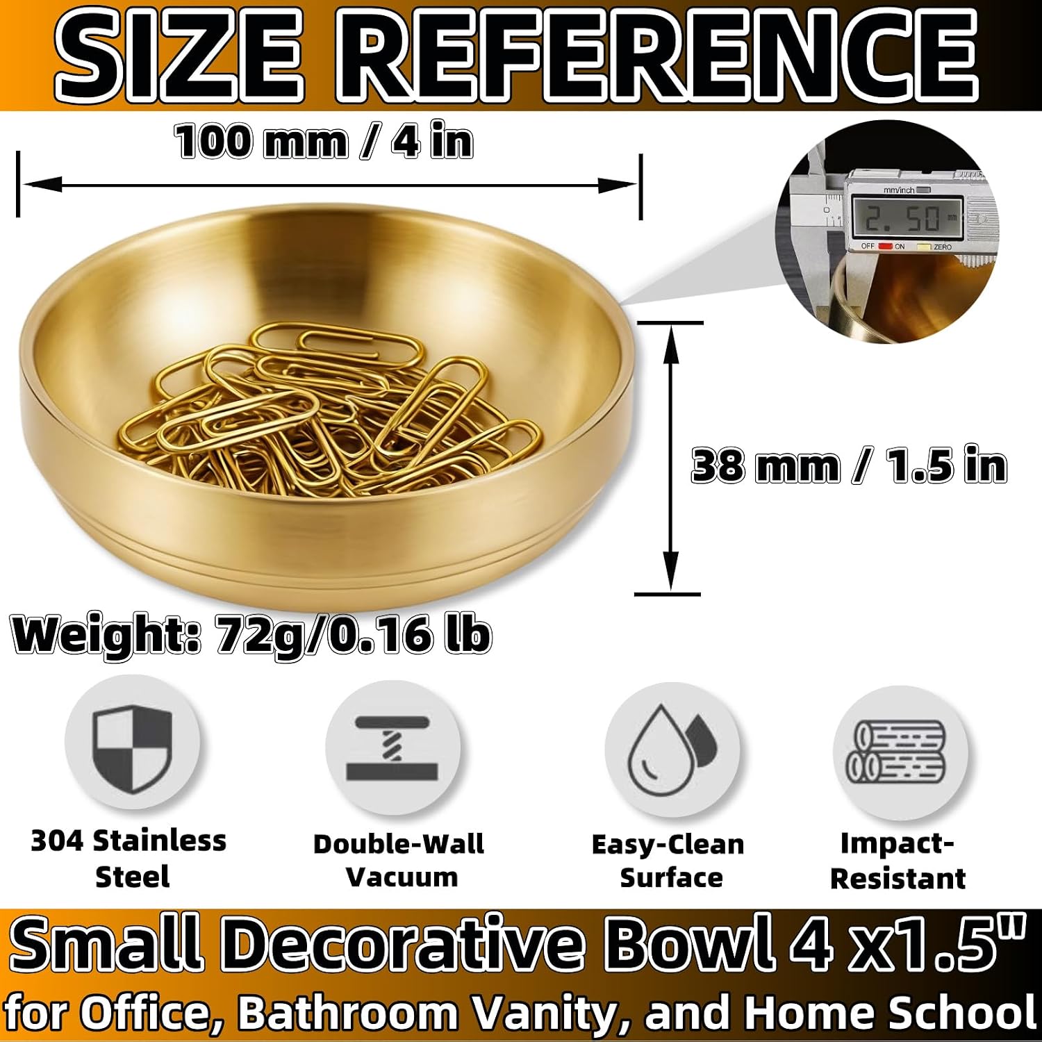 4-Inch Gold Decorative Bowl Paper Clip Holder,Stainless Steel Dual-Purpose Round Small Storage Tray & Cute Jewelry Organizer for Office Desk,Bathroom Vanity,Home & School
