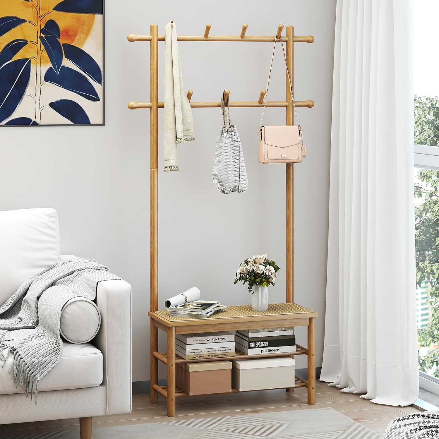 GIANTEX 3-in-1 Hall Tree with Bench and Shoe Storage, 11 Hanging Rods | Bamboo Coat Rack Freestanding w/ PE Rattan Bench & 3-Tier Shoe Rack, Narrow Mudroom Storage Organizer for Entryway Bedroom