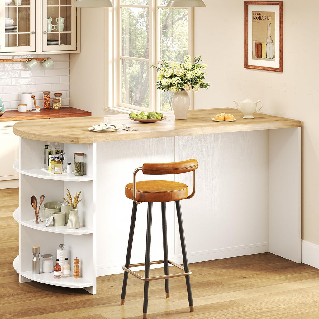 HSH 63” Large Kitchen Island with Storage & Seating, Modern Counter Height Island Table with 2 Drawers & Cabinets, 3 Oval Open Shelves, Stationary Island Prep Table for Kitchen Dining Room, Light Oak