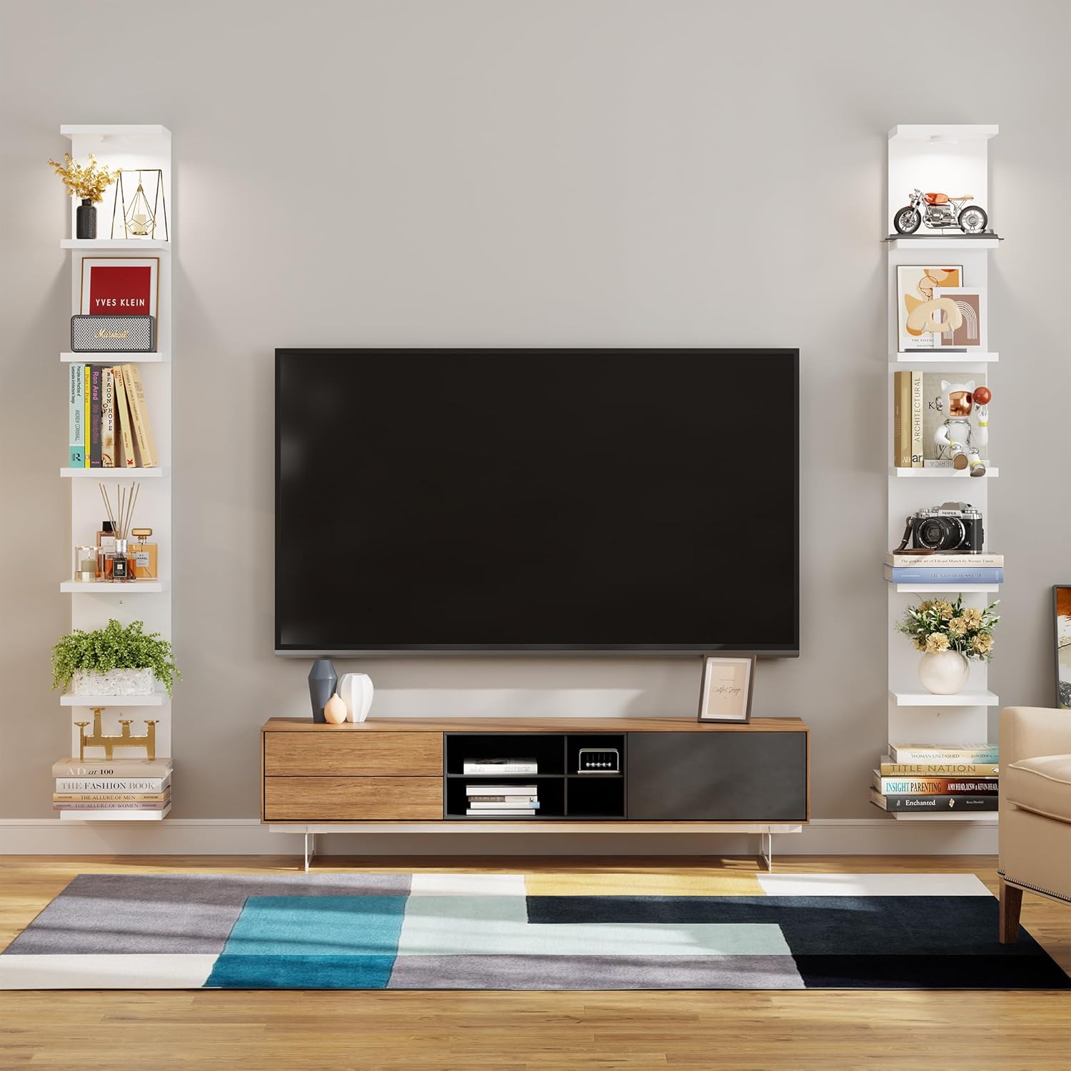 Yuyetuyo 7 Tier Floating Wall Shelf, White Floating Shelves for Wall with LED Light, Versatile Wall Shelf Unit for Bedroom Living Room Bathroom, Lack Shelf for Home Organizer Display