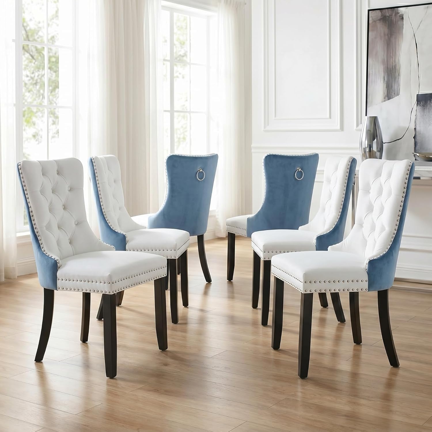 Modern Dining Chairs Set of 6, Tufted Upholstered Dining Room Chairs with Nailhead, PU Leather Front & Velvet Back, Solid Wood Legs, Kitchen Chairs, Sillas de Comedor (White & Light Blue)