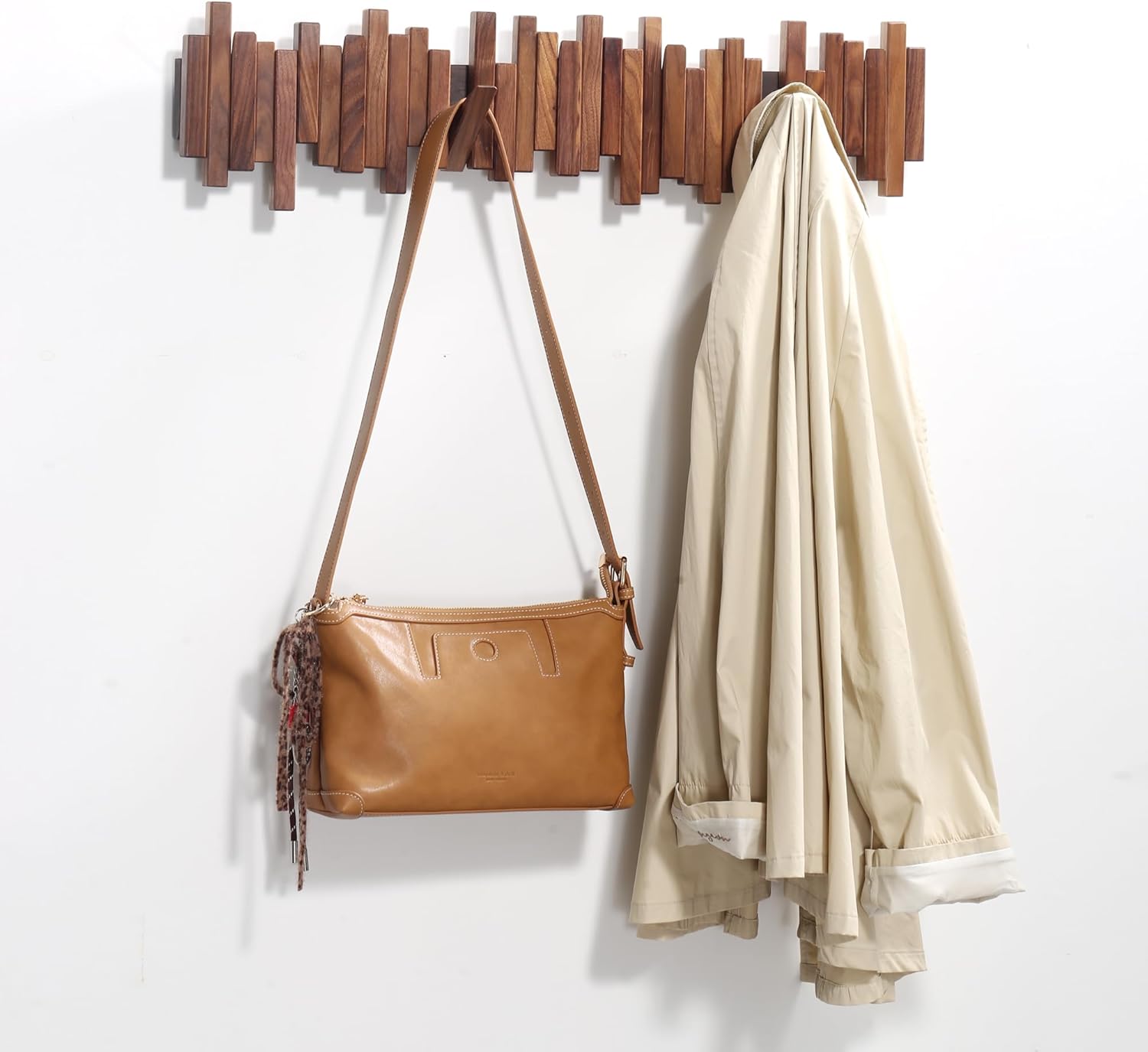 Wooden Coat Rack Wall Mounted Sticks Multi Rack Solid Handmade Natural Walnut Wood Artwork with 5 Flip-Down Unique Modern Hooks for Coats Bag Hat Umbrella