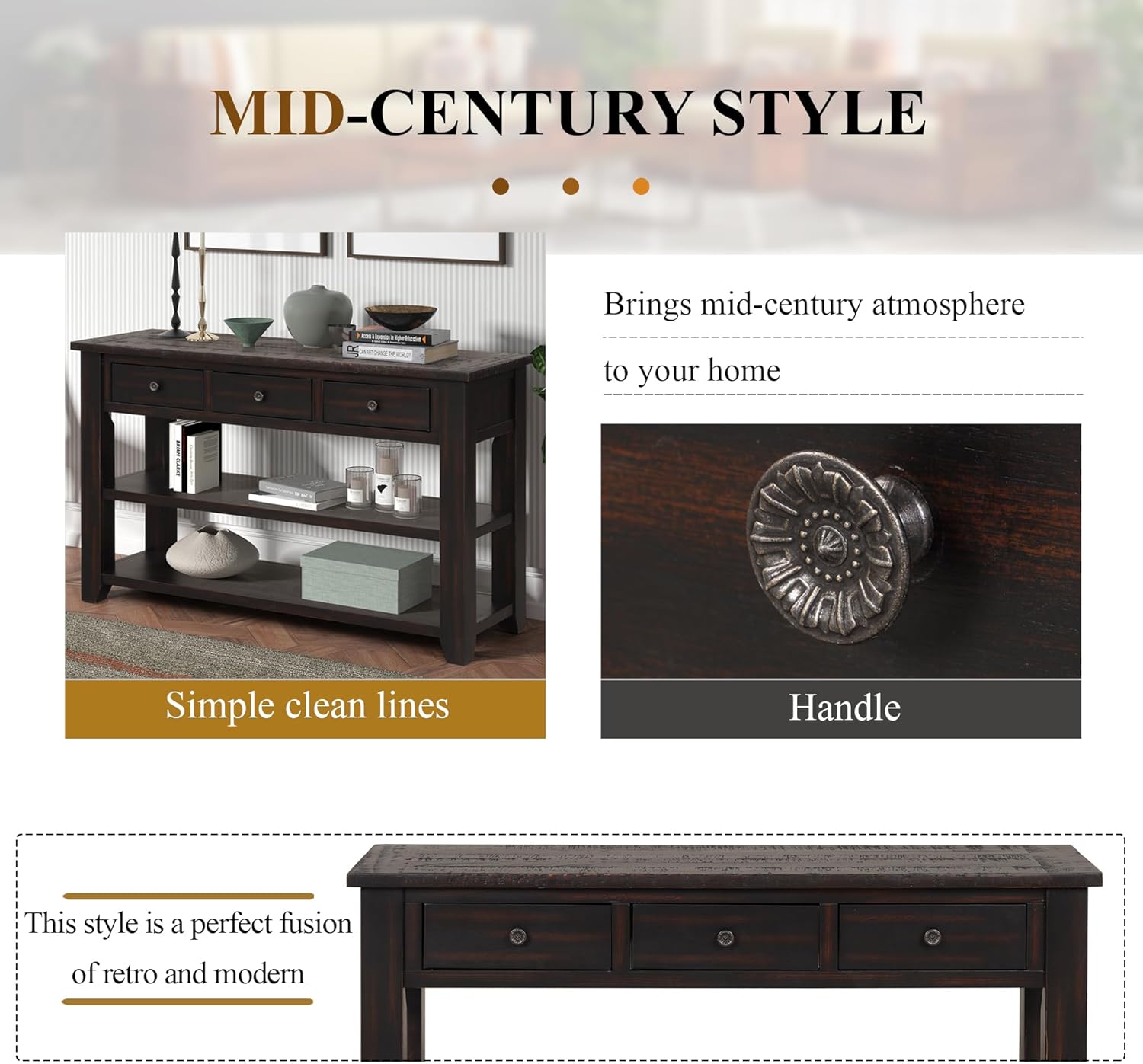 RuiSiSi 48” Console Table with 3 Drawers and 2 Shelves, Farmhouse Wood Sofa Table for Living Room, Entryway, Hallway, Distressed Black