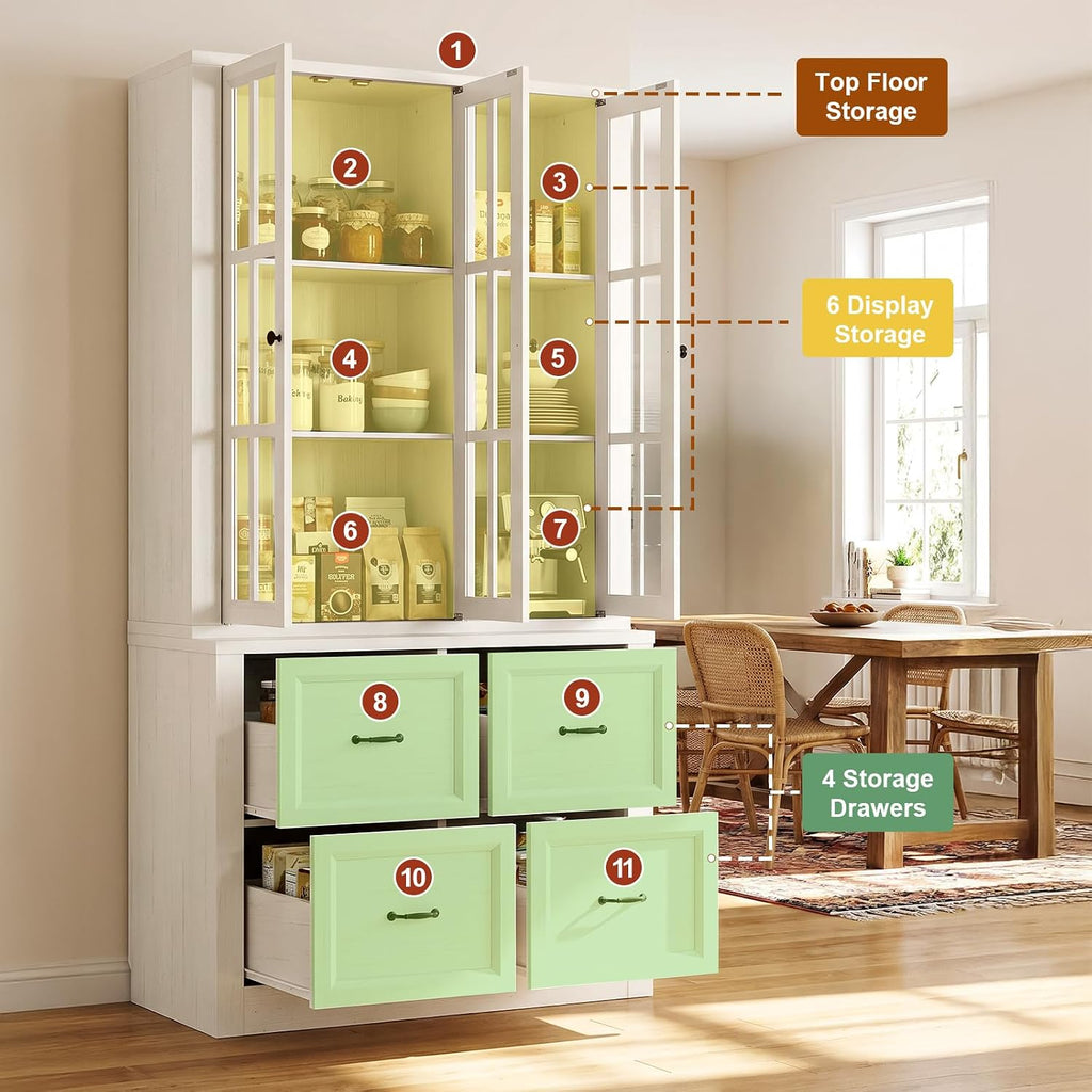 80" Modular Kitchen Pantry Cabinet, 2-in-1 Freestanding Tall Pantry Cabinet with Glass Doors & Adjustable Shelves, Large Hutch Storage Cabinet for Kitchen & Living Room (2, Vintage Warm White, AD)