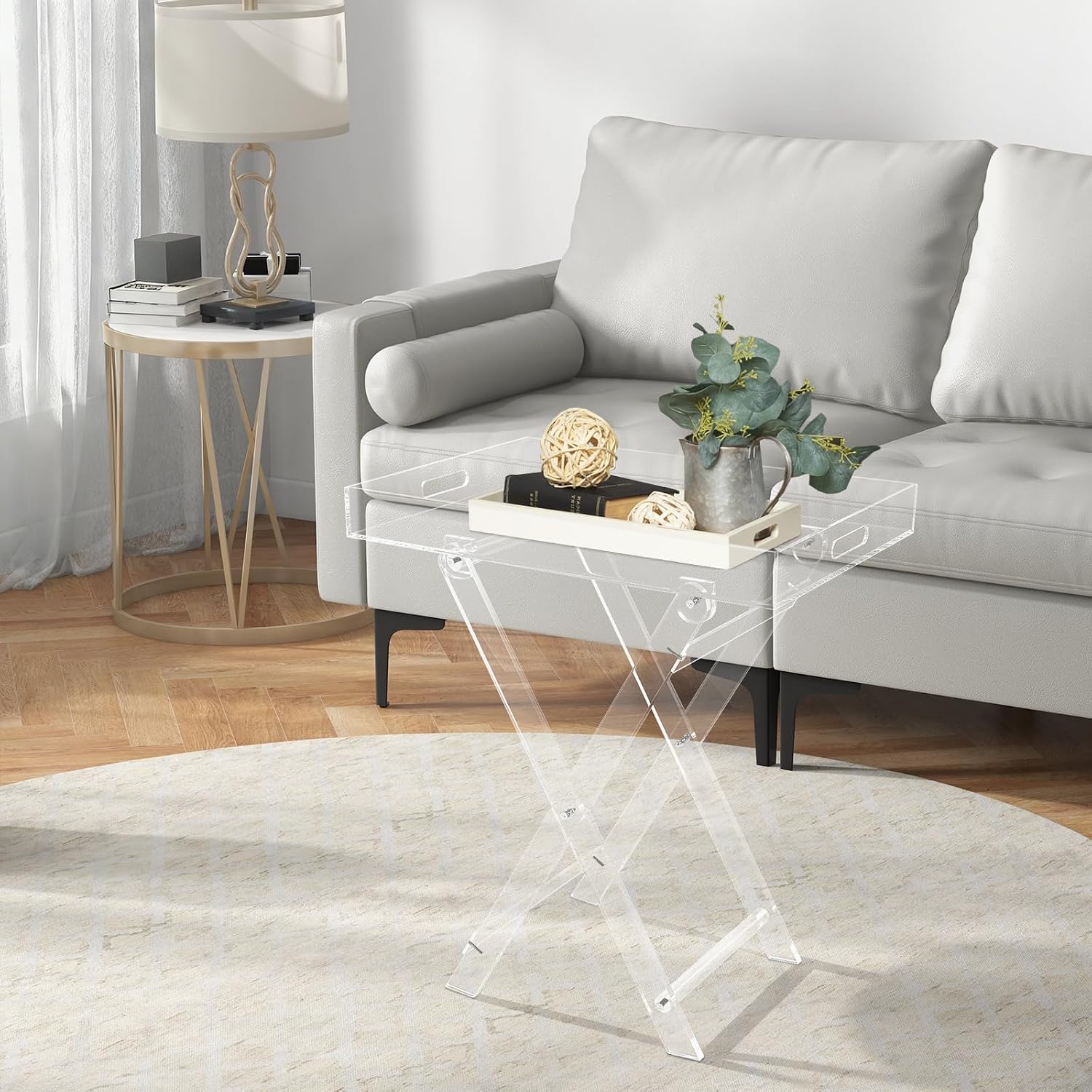 Clear Acrylic Folding Tray Table, Modern Side End Table with Handles,Kitchen and Bar Serving Table, 23.62x20.08x13.78 Inch