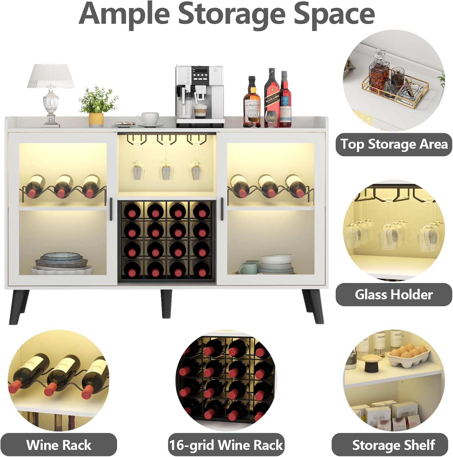 Auromie Wine Bar Cabinet with Led Light, Home Coffee Cabinet with Wine and Glass Rack, Kitchen Buffet Sideboard with Storage Shelves, Freestanding Liquor Cabinet for Living Room, Dining Room (White)