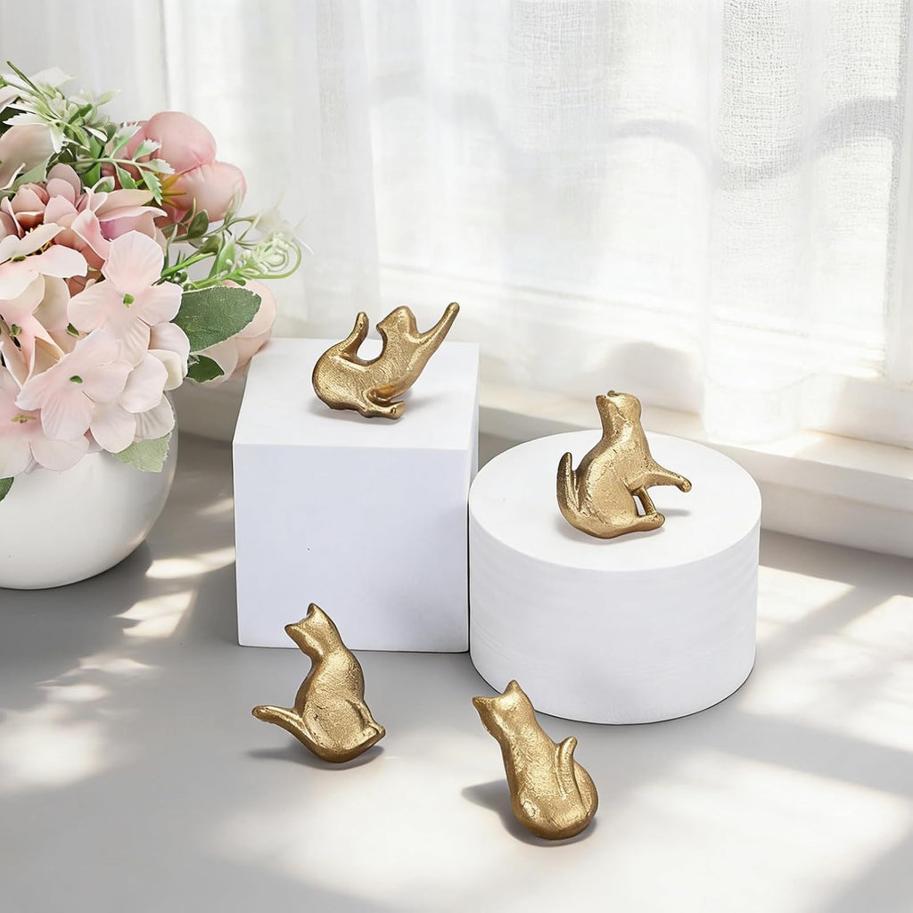 JUXYES Set of 4 Vintage Cat Drawer Handle Pull Knobs - Antique Cast Iron Drawer Knob - Retro Decorative Cabinet Handle Knobs for Dresser Cupboard Cabinet, Gold