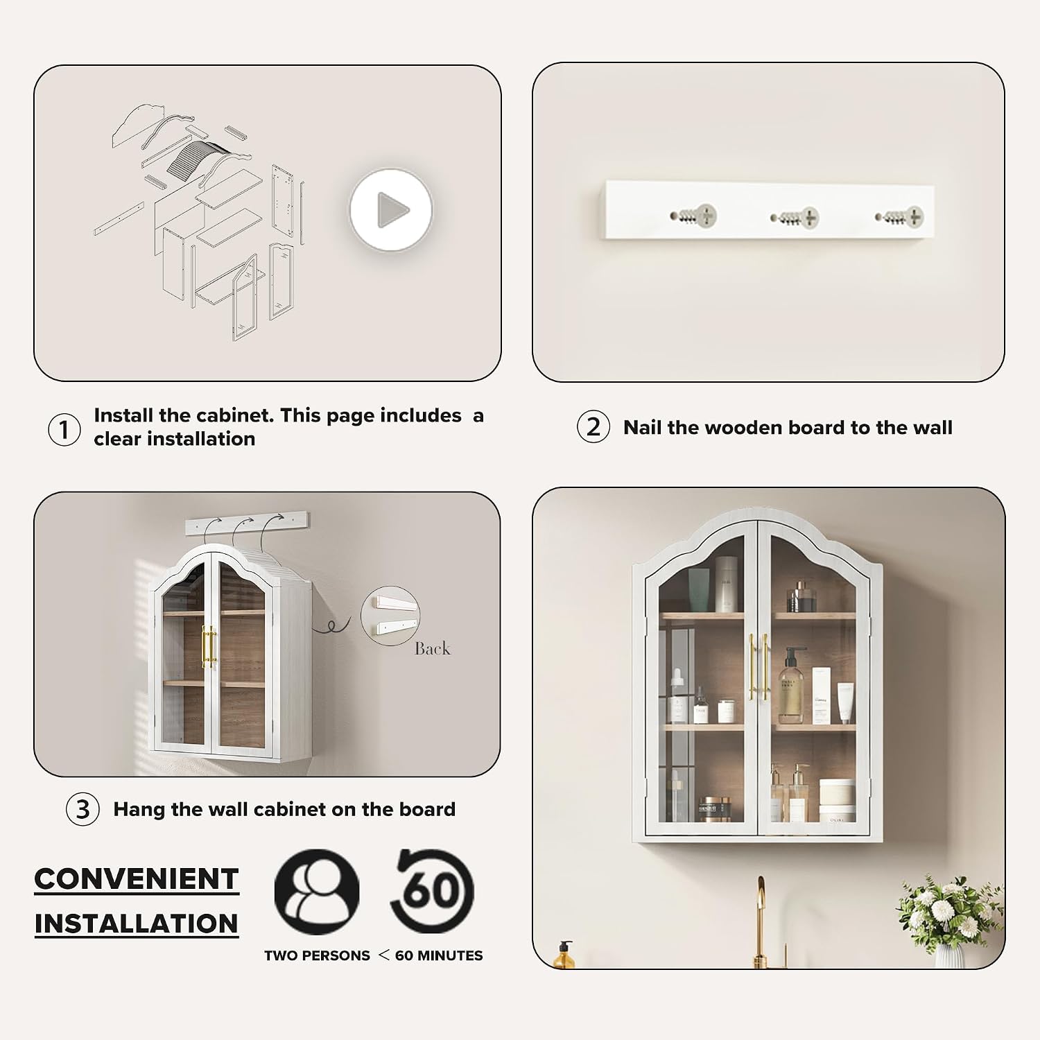 FIMELLO 47.2’’W Wave Design Arched Wall Cabinet, Bathroom Cabinet with Glass Doors Adjustable Shelf, Above Toilet Cabinet, Kitchen Wall Cabinet, Wall Bookshelf, White Grain