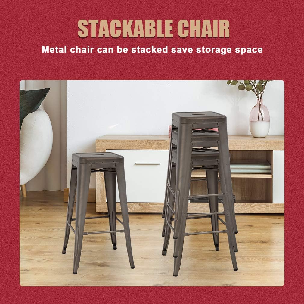 Metal Bar Stool Set of 4 Counter Height Barstool 30 Inches Industrial Bar Chairs Patio Stool Stackable Backless Kitchen Stool Indoor Outdoor Metal Bar Stool Kitchen Stools Restaurant Bar Chairs，Bronze