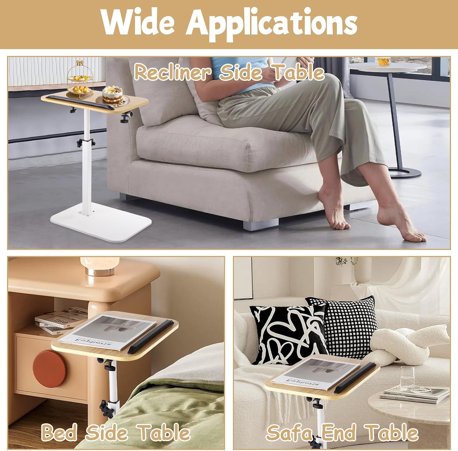 YAYODS Small TV Table Tray Adjustable Height C Table End Table, 360° Swivel Sofa Tray Side Table for Couch, Small Spaces, Living Room and Bedroom (White)