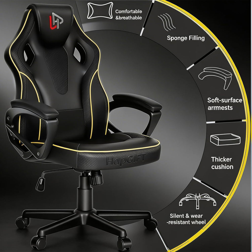 HapGIFT Gaming Chair, Ergonomic Computer Gaming Chairs with Link Armrest, PU Leather Video Game Chairs for Adults Teens, Height Adujustable Racing Style PC Chair for Home, 300LBS (BLACK)