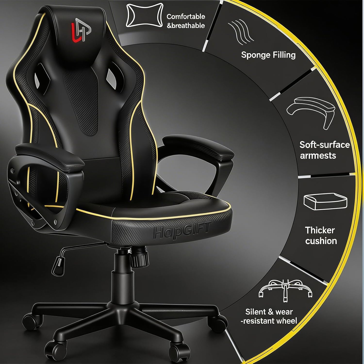 HapGIFT Gaming Chair, Ergonomic Computer Gaming Chairs with Link Armrest, PU Leather Video Game Chairs for Adults Teens, Height Adujustable Racing Style PC Chair for Home, 300LBS (BLACK)