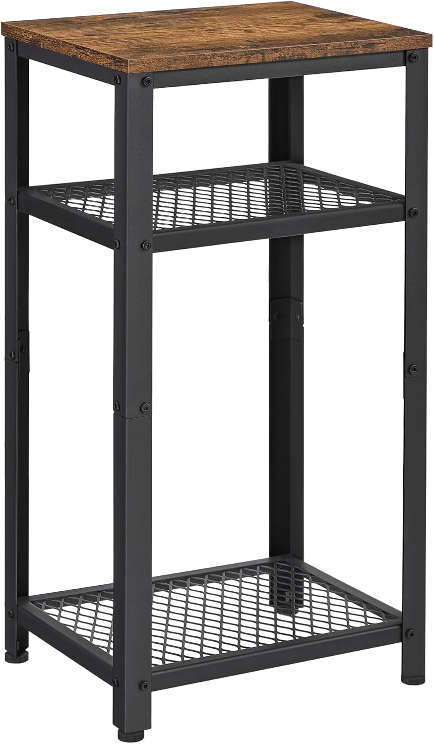 VASAGLE 3-Tier Tall Side Table, Small Telephone End Table Stand with 2 Mesh Storage Shelves for Office, Bedroom, Living Room, Kitchen Cart, Rustic Brown and Ink Black