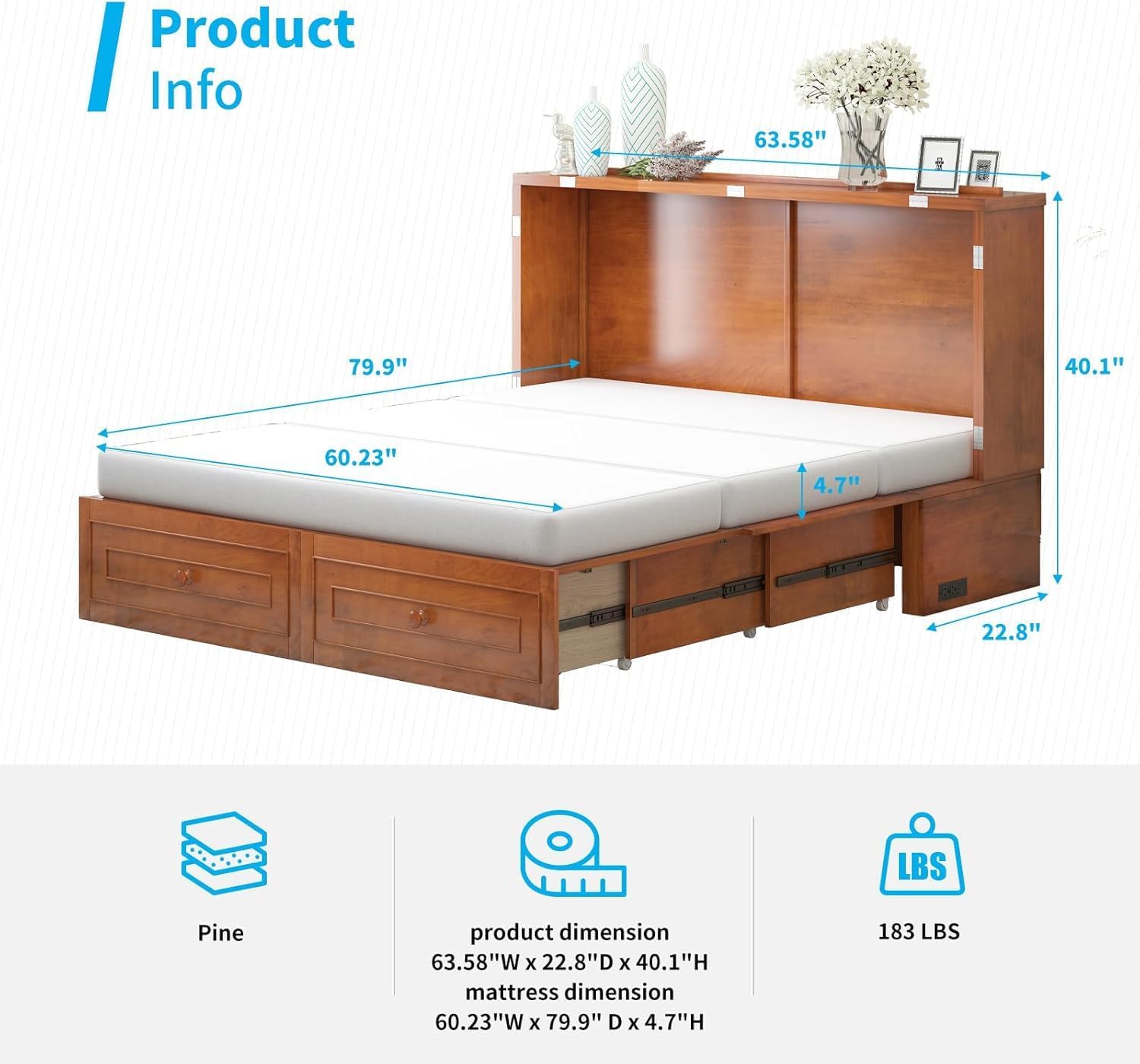 Mjkone Murphy Bed Cabinet Queen with Tri-fold Mattress, Murphy Chest Bed with Built-in Charging Station & 2 Storage Drawers, Cabinet Beds Cube Chest Beds for Guest Room, Cherry