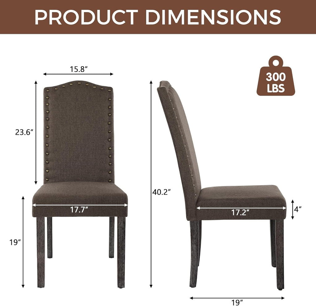 LSSPAID Dining Chairs Set of 4, Modern Comfy Linen Upholstered Parsons Dining Room Chairs with Bronze Nail Head Trim and Brushed Solid Wood Legs, Coffee