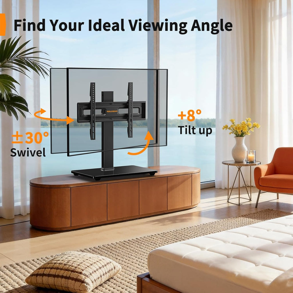 Perlegear Universal TV Stand with Power Outlet, Swivel TV Stand for 32-72 inch TVs up to 99 lbs, TV Base with Tempered Glass Base, Height Adjustable TV Mount Stand Max VESA 600x400mm PGTVS48