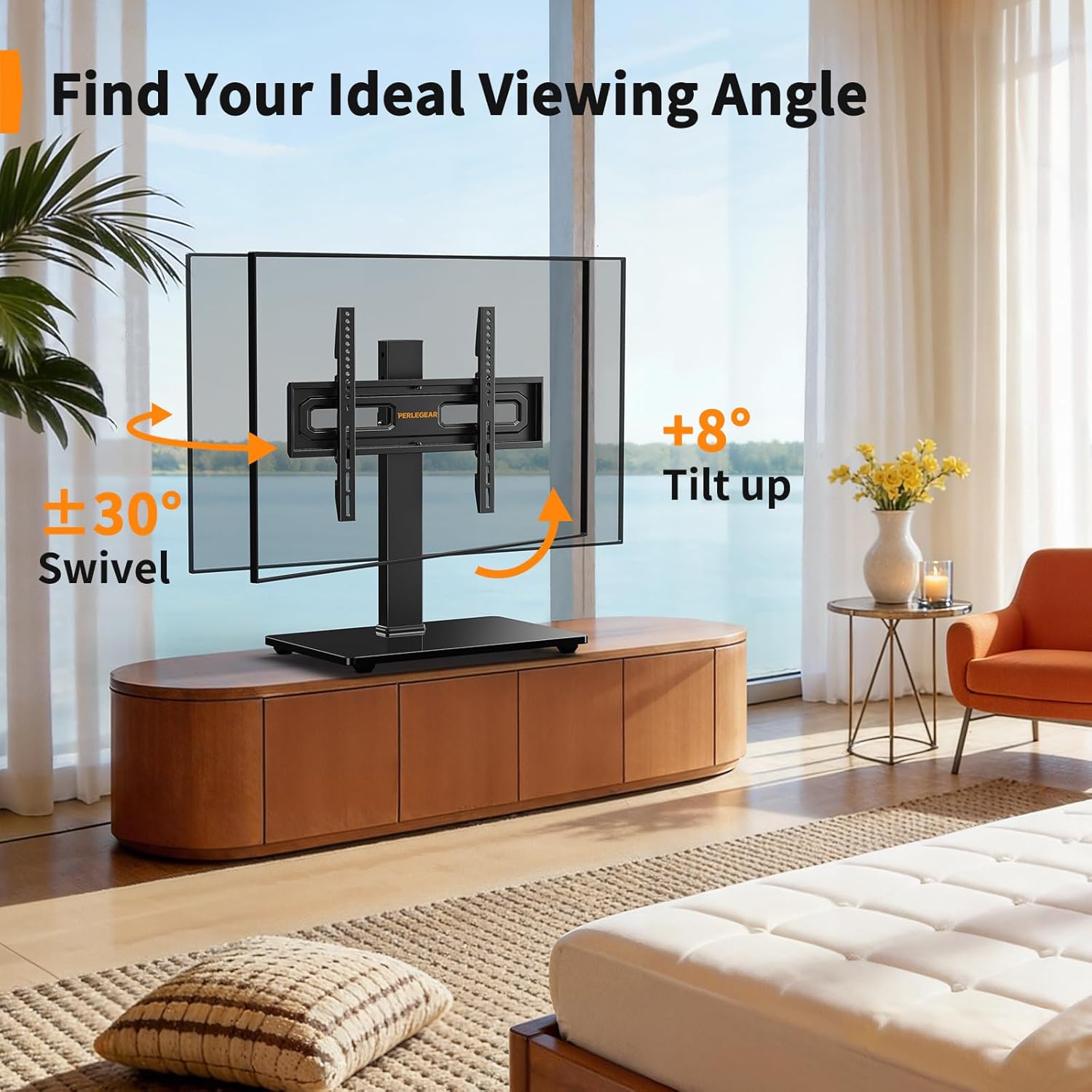 Perlegear Universal TV Stand with Power Outlet, Swivel TV Stand for 32-72 inch TVs up to 99 lbs, TV Base with Tempered Glass Base, Height Adjustable TV Mount Stand Max VESA 600x400mm PGTVS48