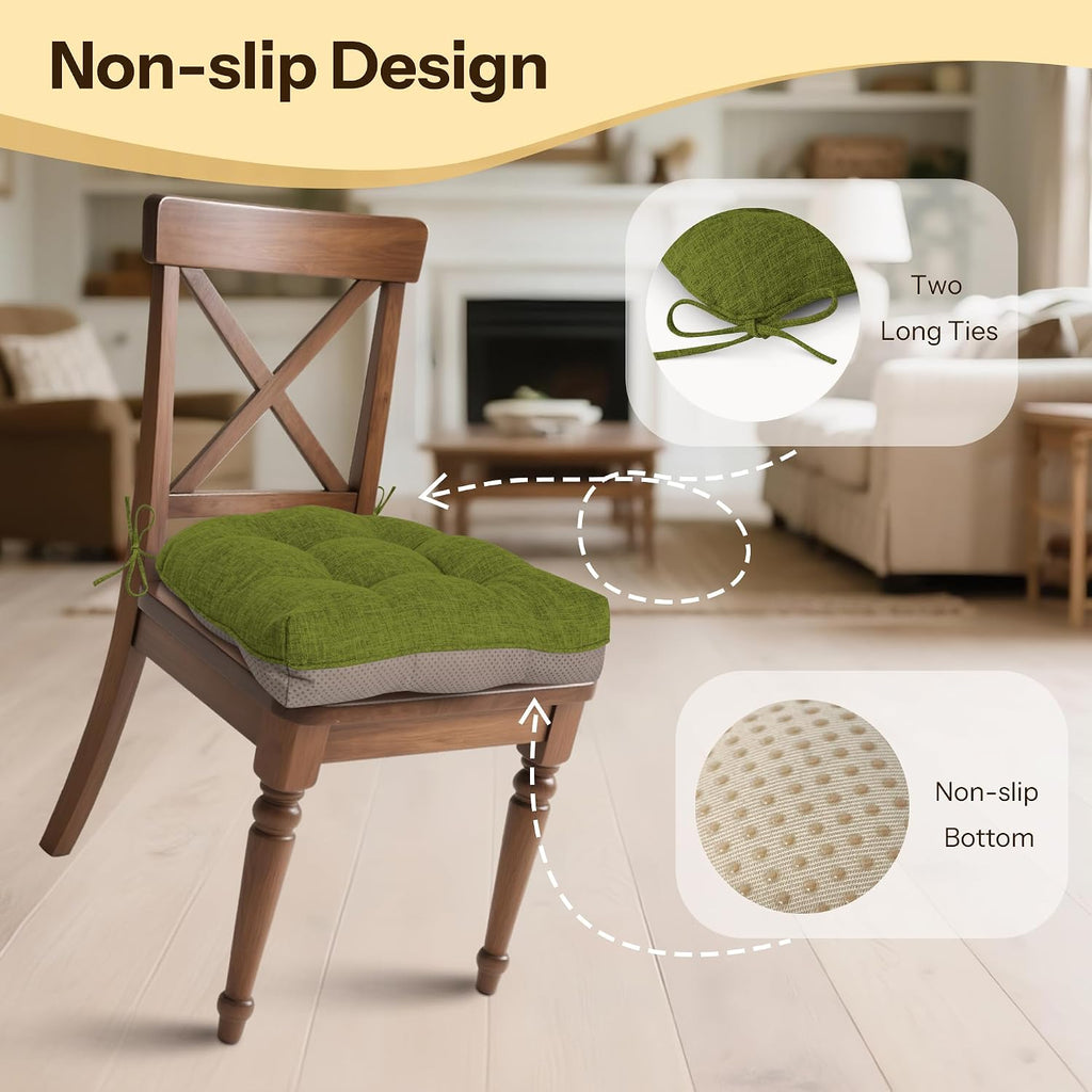 Non-Slip Chair Cushions for Dining Chairs Set of 4 Thick Kitchen Chair Pads Dining Room Seat Cushion with Ties 16" x 16" x 4" Olive Green