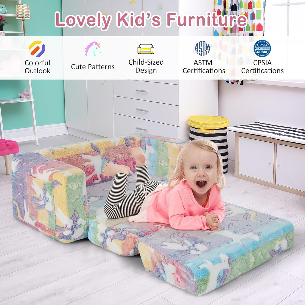 HONEY JOY Toddler Couch, 2-in-1 Convertible Sofa to Lounger, Glow in The Dark, Extra Soft Flip Open Fold Out Chair & Sleeper, Kids Playroom Furniture, Foam Sofa for Boys & Girls, Pink