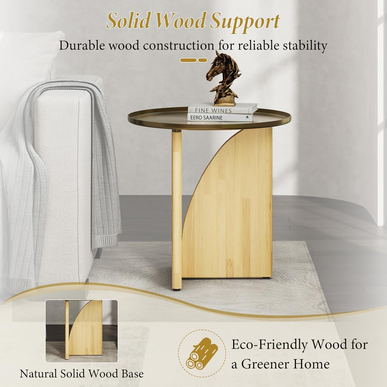 AUZ Round End Table with Brushed Gold Top, Small Wood Side Table for Living Room, Mid Century Accent Table, Natural Wood Base, Space-Saving Nightstand