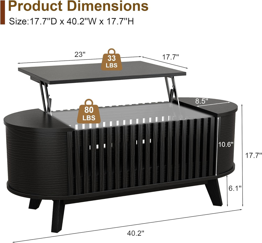 Oval Coffee Table for Living Room with Slatted Sides Frame, Modern Lift Top Coffee Table with Storage Hidden Compartment, Lift Tabletop Dining Table, Curved Corner, 40inch, Black
