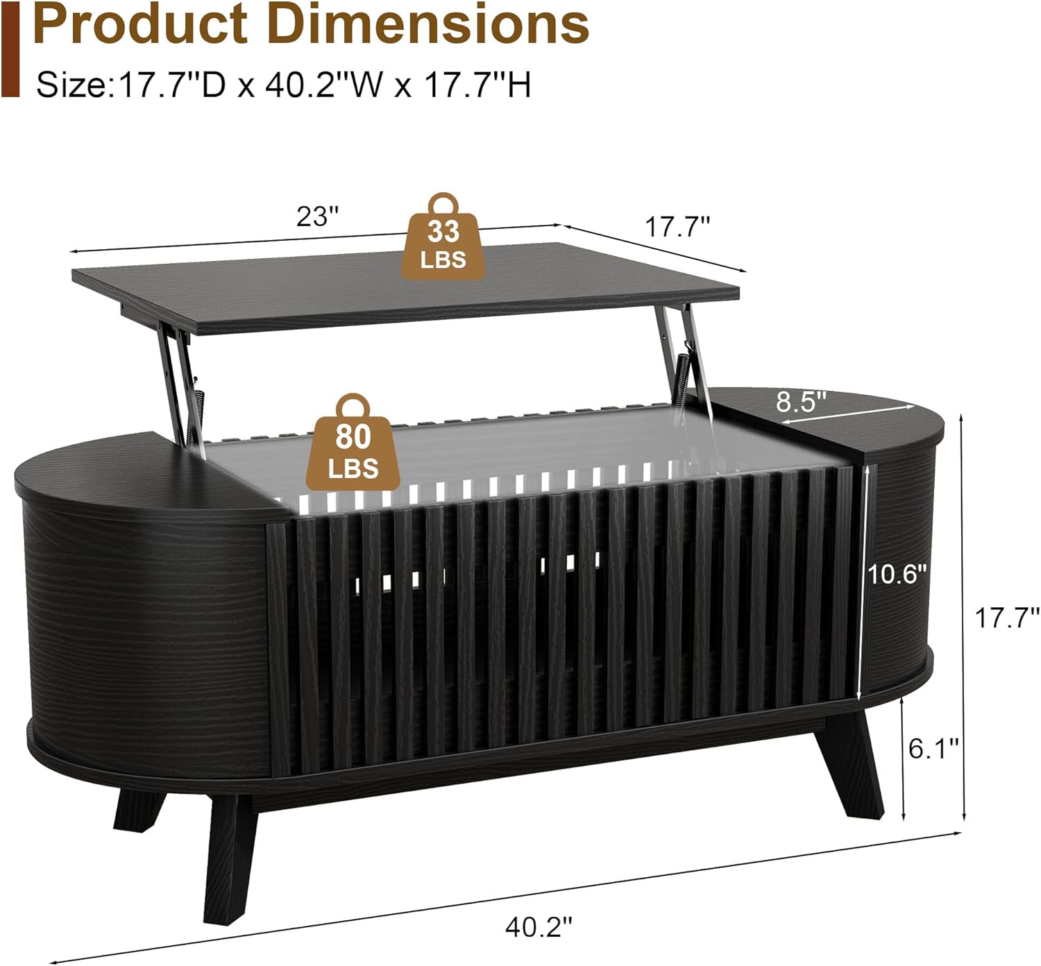 Oval Coffee Table for Living Room with Slatted Sides Frame, Modern Lift Top Coffee Table with Storage Hidden Compartment, Lift Tabletop Dining Table, Curved Corner, 40inch, Black