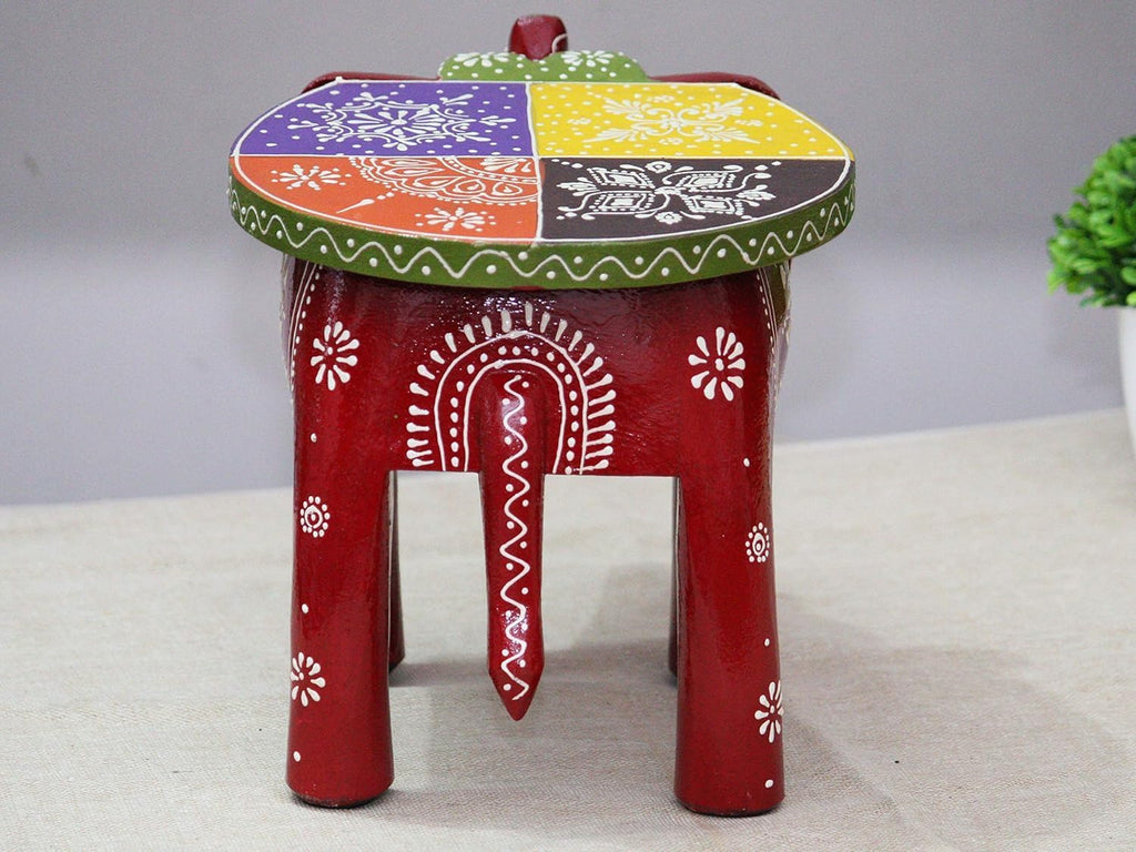 Handcrafted and Hand-Painted Colorful Wooden Elephant Decorative Showpiece Stool/Side Table for Home/Office/Living or Bedroom Decor (Maroon)