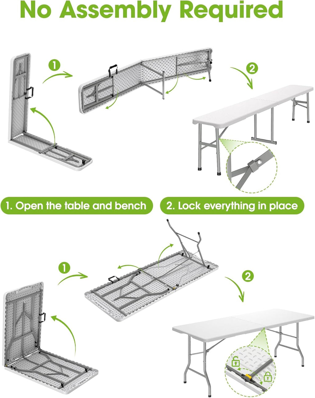 Pureegg Folding Table and Chairs Set - Sturdy 6FT Folding Table with 2 Chairs, No Assembly Required, Portable Camping Table with Carry Handle for Dining, Party, White