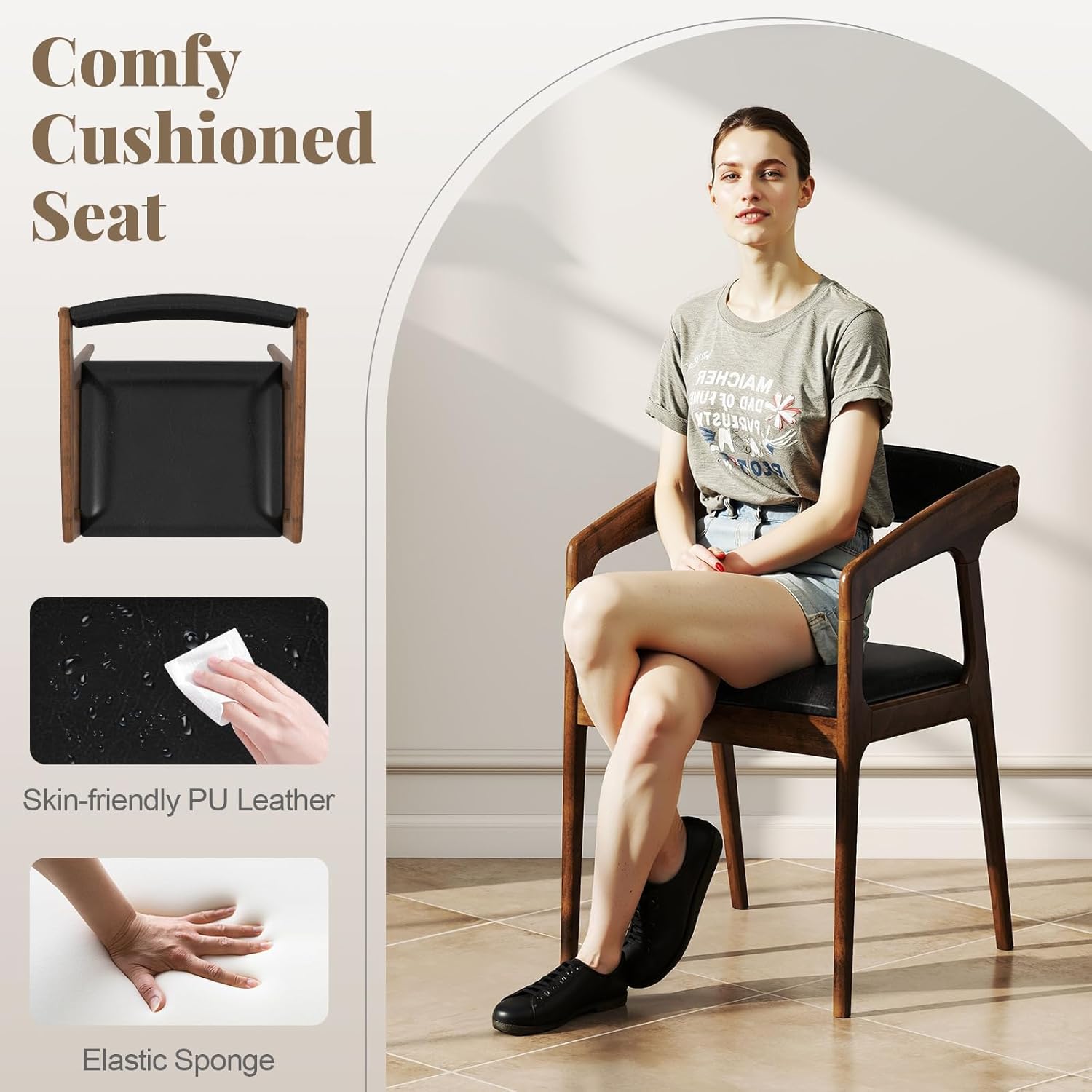 COSTWAY Dining Chairs with Arms Set of 4, Mid Century Modern Wooden Accent Chairs with Faux Leather Seat & Padded Backrest, Kitchen Side Armchairs for Living Dining Reading Room, Brown & Black