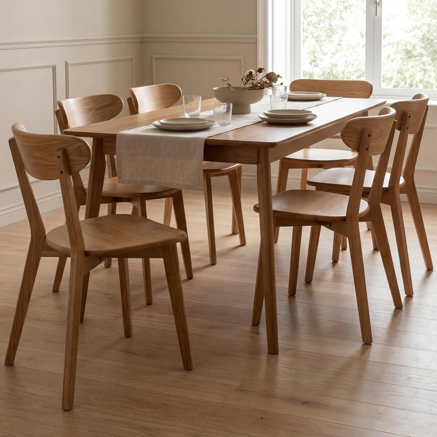 Solid Wood Dining Chairs Set of 6, Curved Back Wooden Dining Room Chairs, Armless Kitchen Chairs for Dining Room, Oak Side Chairs for Everyday Use