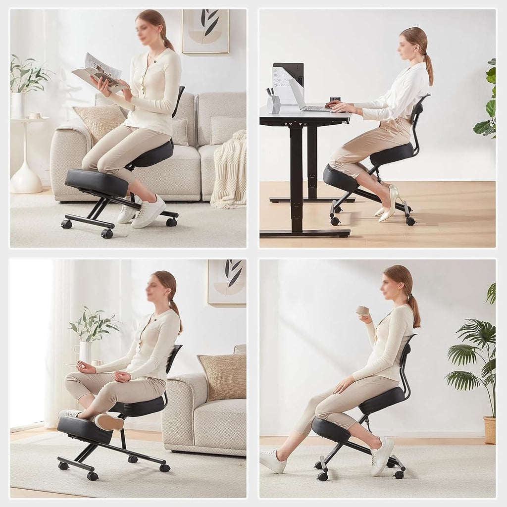 Cross Legged Office Chair - Height Adjustable Meditation Chair with 360° Casters for Home Workers and Fitness Enthusiasts (Black)