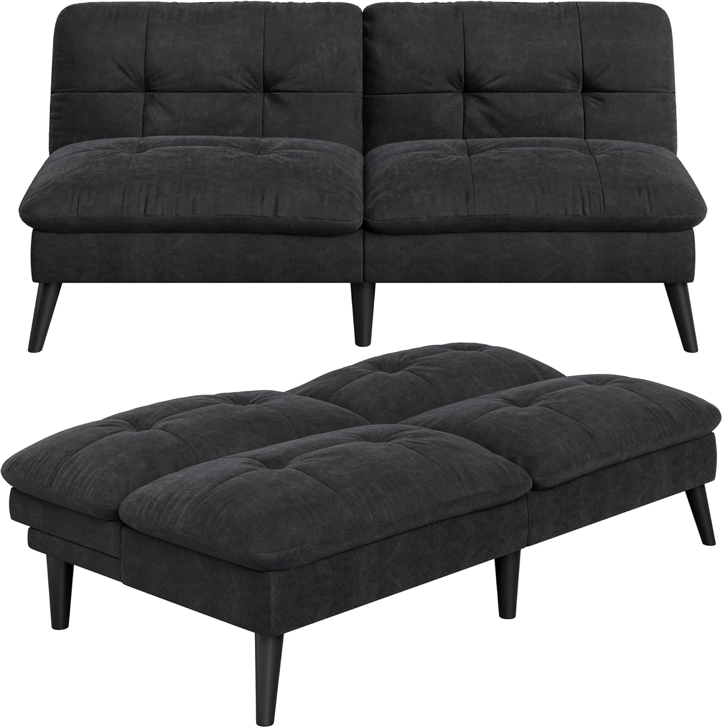 Vongrasig Futon Sofa Bed Velvet Futon Couch with Adjustable Backrest, Small Convertible Folding Sleeper Sofa Bed, Modern Loveseat for Living Room, Bedroom and Small Space, (Black)