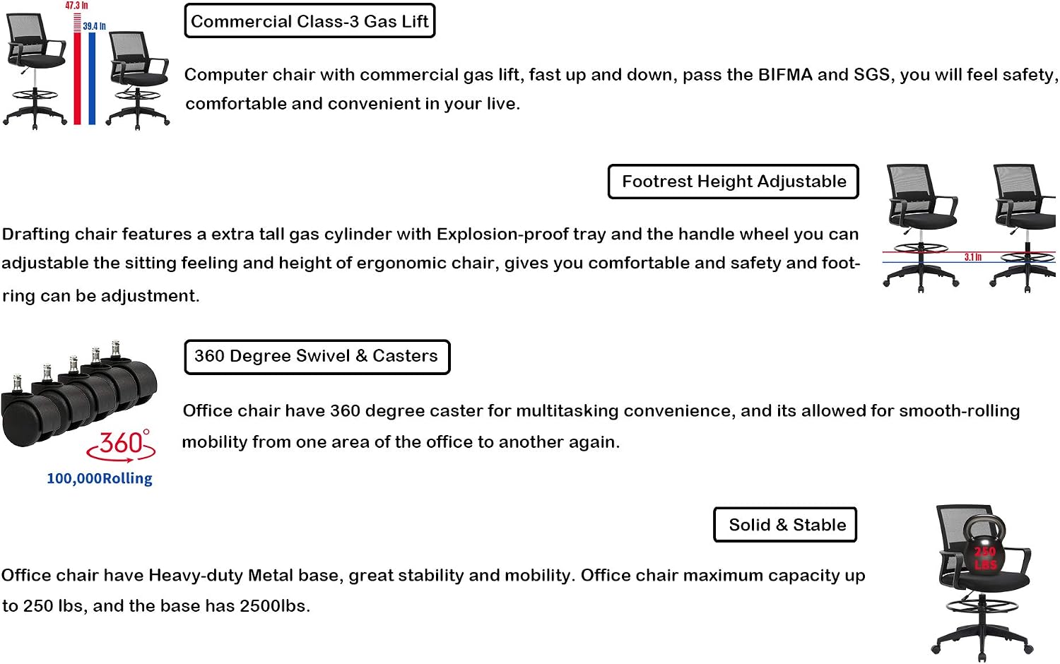 Home Office Tall Drafting Chair, Ergonomic Standing Drafting Office Chair Adjustable Height with Lumbar Support Arms Footrest Mid Back Desk Chair, Swivel Rolling Simple Chic Mesh Computer Chair, Black