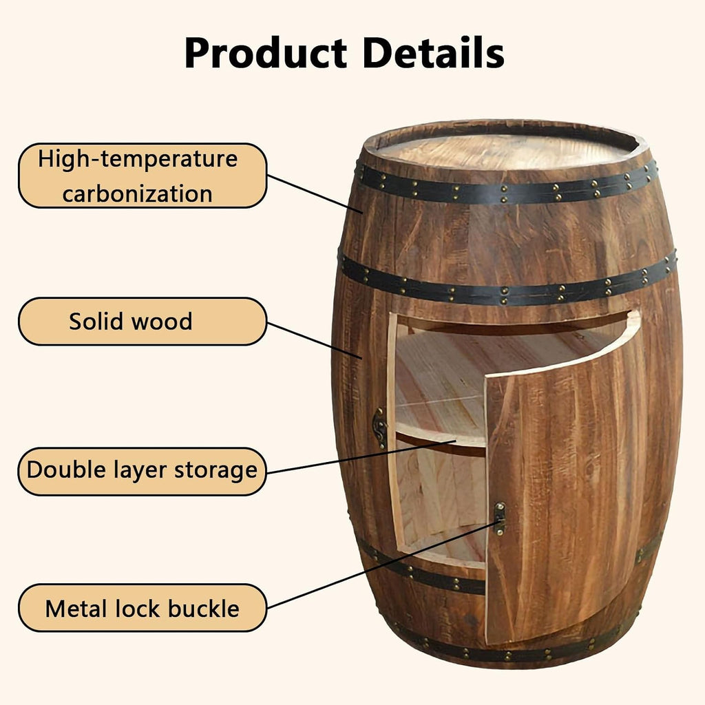 Rustic Wooden Wine Barrel Table - 2-Tier Display Cabinet with Door, Stylish Accent Piece for Home Bars, Breweries, Living Room & Garden Decor(40cm/15.7in)