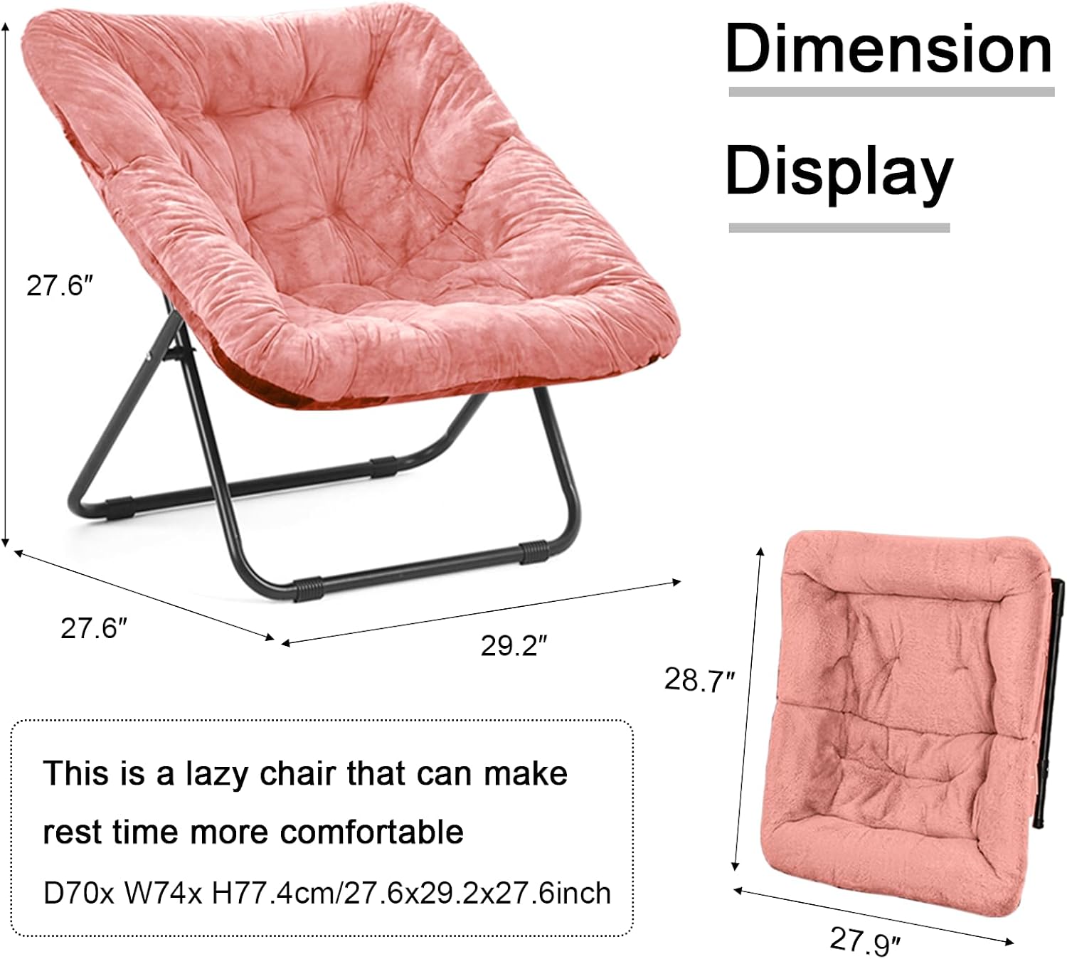 Grezone Folding Comfy Saucer Chair,Soft Faux Portable Folding Bedroom Chair for Bedroom, Dorm Rooms, Apartments, Lounging, Garden,Pink
