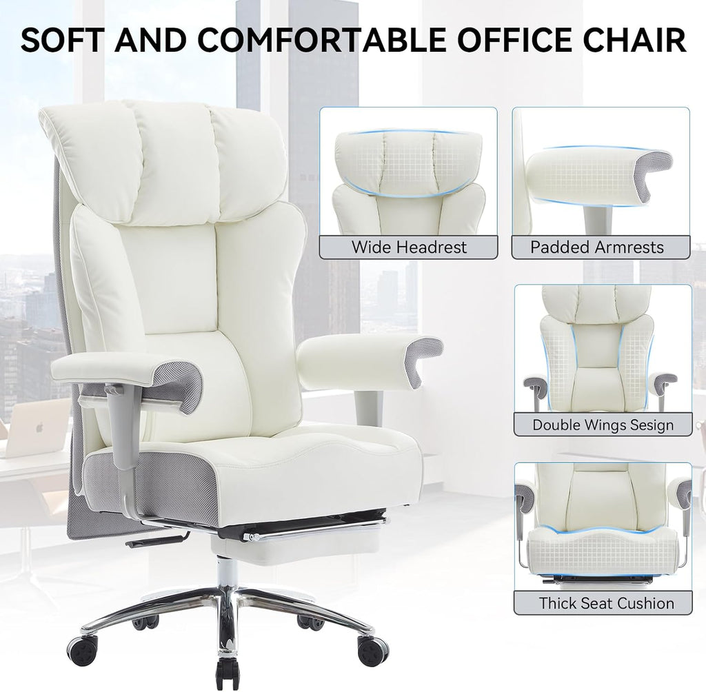 Efomao Big and Tall Executive Office Chair 400lbs - White Desk Chair for Women with Footrest, 24" Wide Ergonomic Pocket Spring Cushion Seat, Heavy Duty Computer Chair for Home Office, Gaming