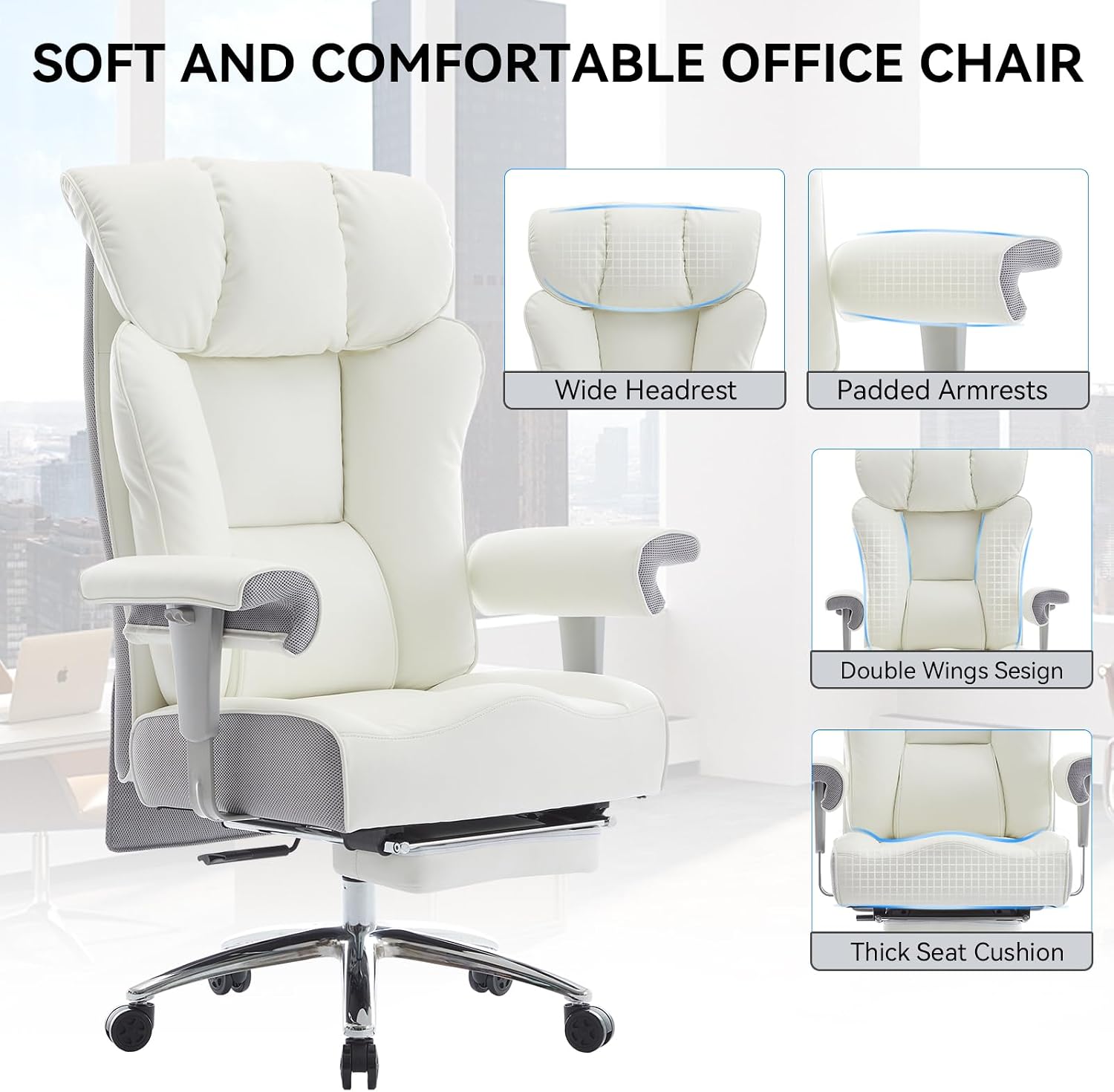 Efomao Big and Tall Executive Office Chair 400lbs - White Desk Chair for Women with Footrest, 24" Wide Ergonomic Pocket Spring Cushion Seat, Heavy Duty Computer Chair for Home Office, Gaming