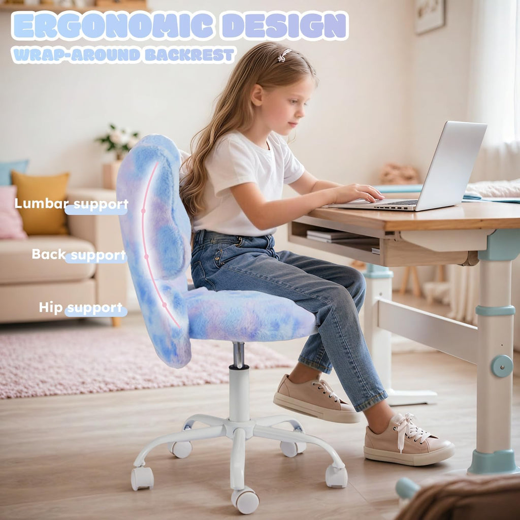 HOMREST Chair with Wheels,Cute Fluffy Desk Chair for Girls with Butterfly Back,Adjustable Seat Height, Faux Fur Swivel Vanity Chairs for Children Bedroom & Reading Room, Study/Vanity,Colorful Blue