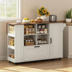 51" Kitchen Island with Storage & Drop Leaf, Farmhouse Rolling Kitchen Island on Wheels with Power Outlet, Spice Rack,Portable Island Table with Drawer & Cabinet for Kitchen, White
