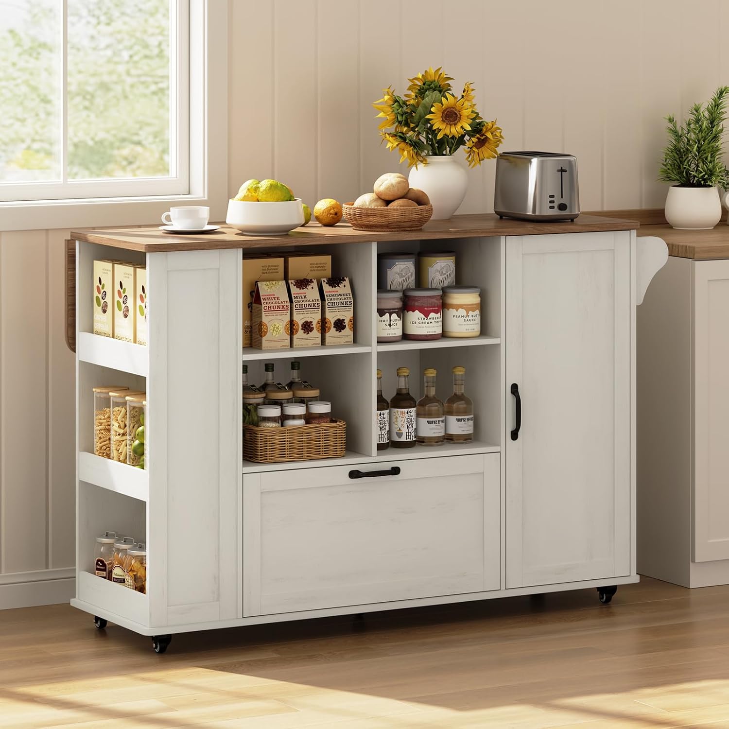 51" Kitchen Island with Storage & Drop Leaf, Farmhouse Rolling Kitchen Island on Wheels with Power Outlet, Spice Rack,Portable Island Table with Drawer & Cabinet for Kitchen, White