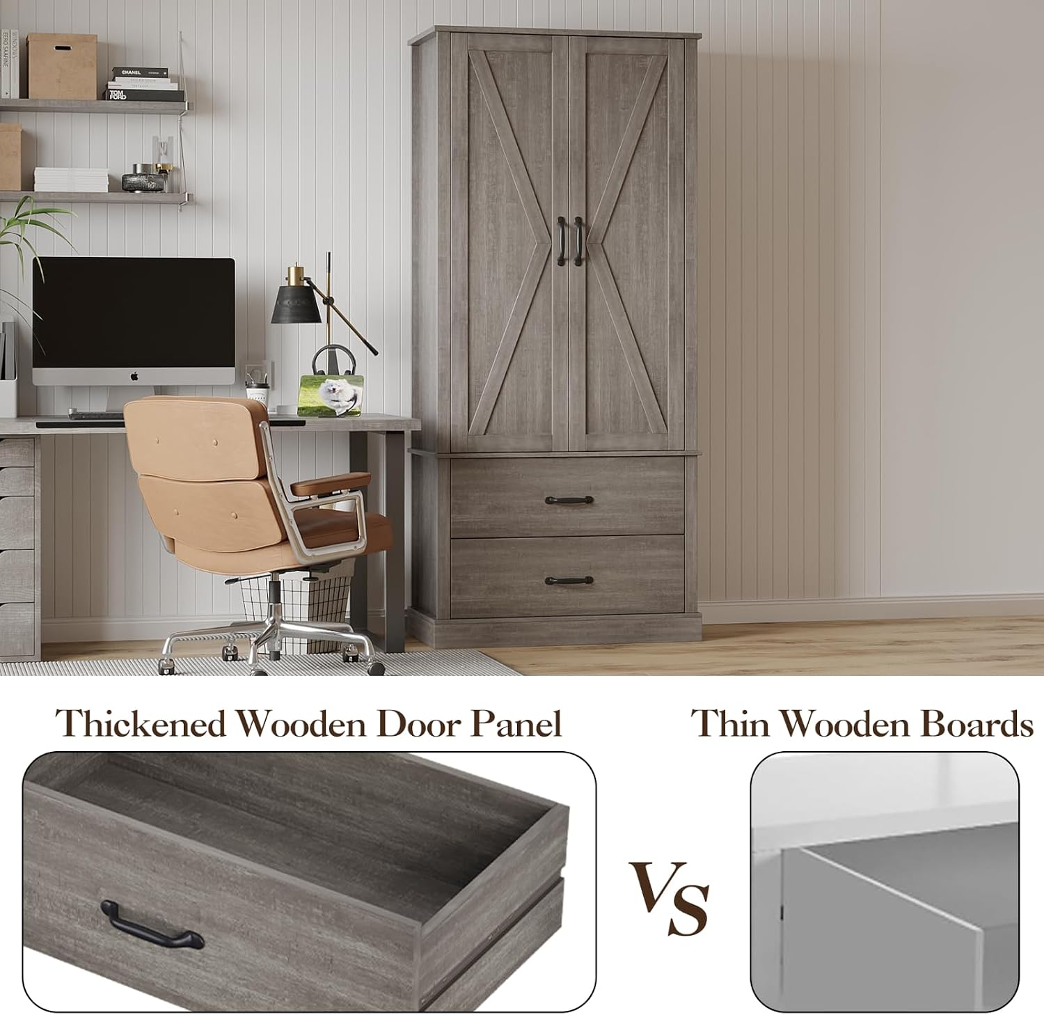Takywep Freestanding Farmhouse Pantry Cabinet with Barn Doors, Adjustable Shelves & Large Drawers,Versatile Kitchen Storage Cupboard for Dining or Living Room,Pastoral Gray