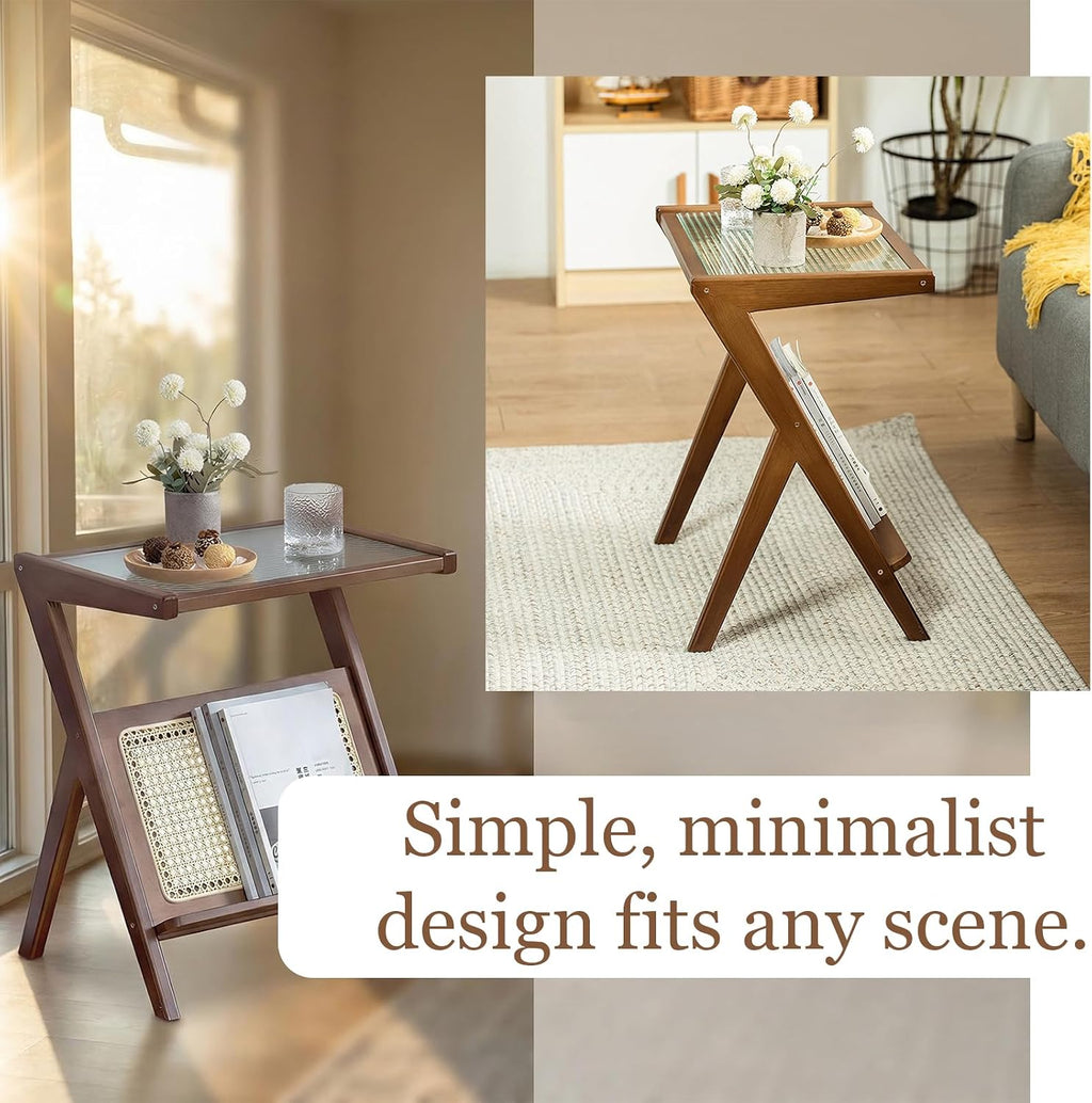 Boho Rattan Side Table, Wooden Accent Table with Magazine Storage Shelf, Mid Century Modern End Table for Living Room Bedroom