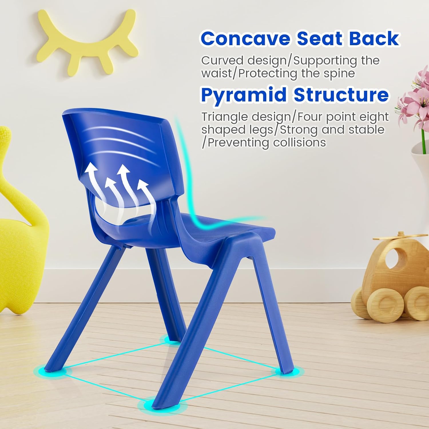 12 Pack Premium 13.8" H Plastic Stackable School Chairs - Classroom & Kids Desk Chair, Toddler & Child Lawn Seating - Flexible, Durable & Easy Storage - Blue